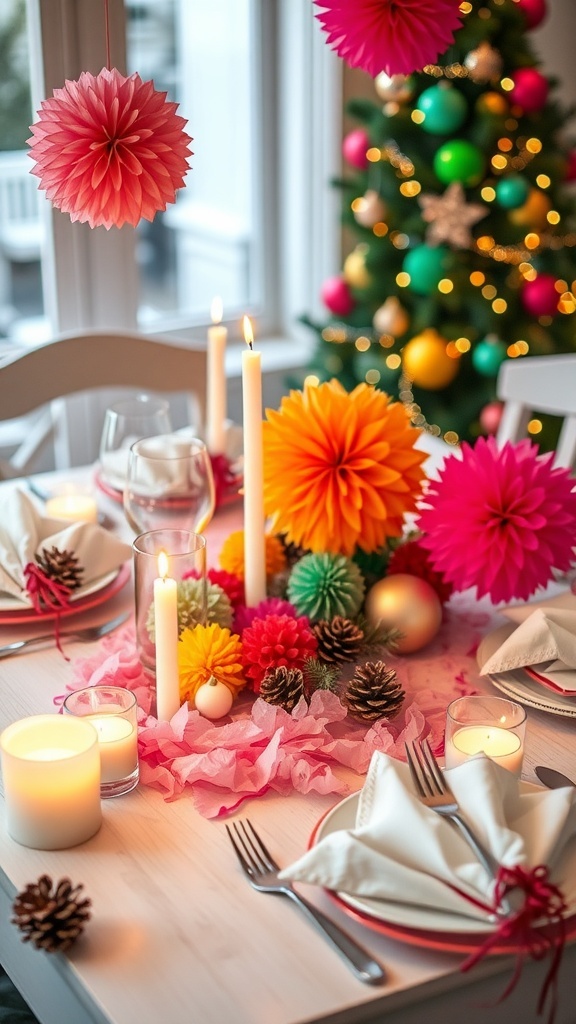 A festive Christmas table decorated with colorful tissue paper pom-poms, a tissue runner, and unique napkin folds.